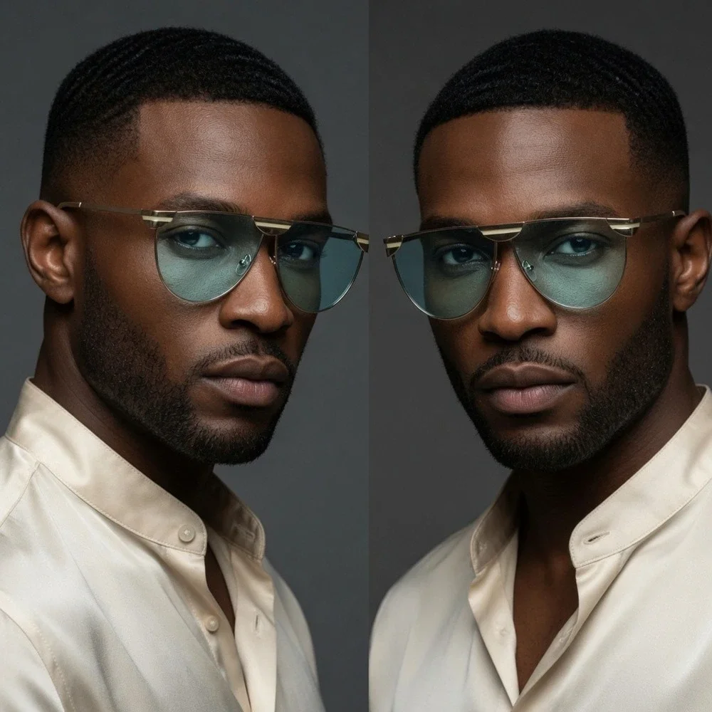 Mens Gold Flat Top Pilot Sunglasses Turquoise Tinted Lens Futuristic Eyewear New